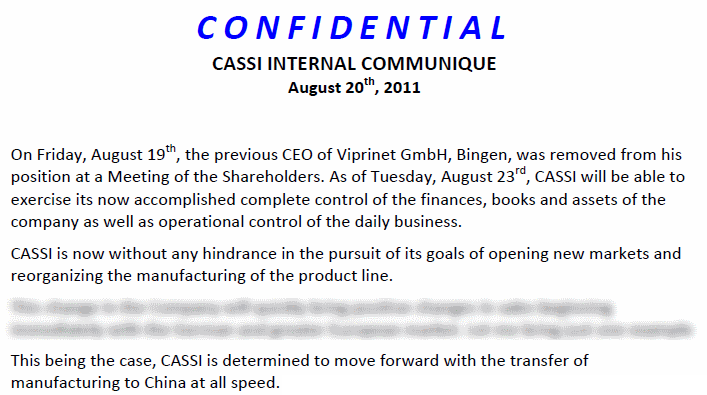Die CASSI LLC behauptet, Viprinet übernommen zu haben